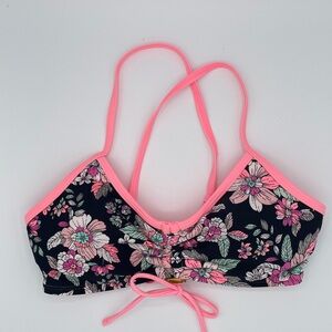 bikini top, black with flowers, pink trim, size medium